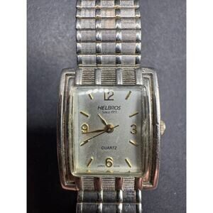 Vintage Helbros Ladies Quartz Silver Tone Tank Watch 377 Stretch Band 21mm